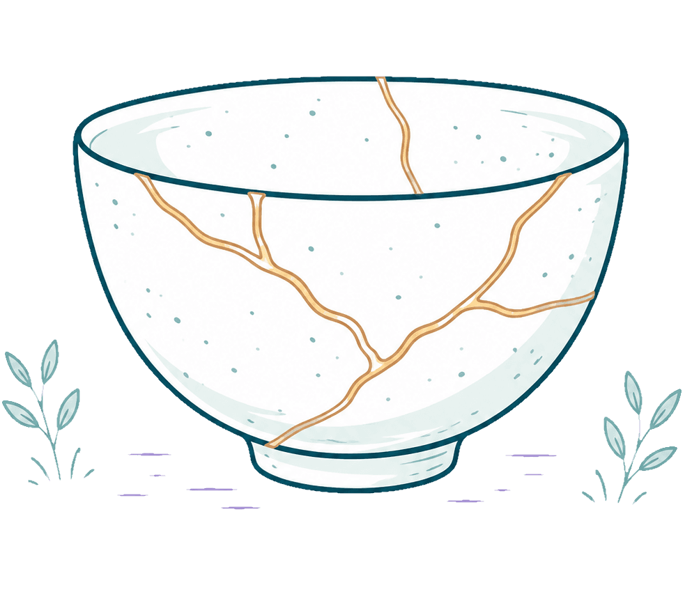 A kintsugi bowl, its cracks mended with veins of gold