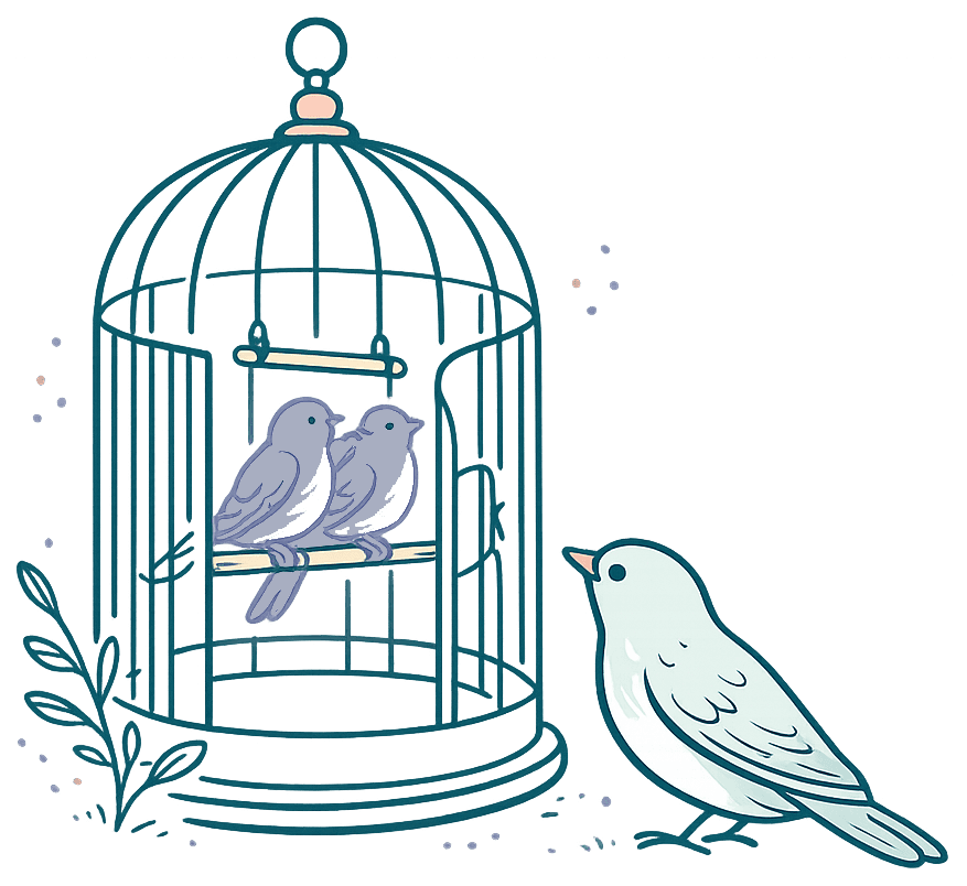 Two birds inside a cage beside a bird that has flown free